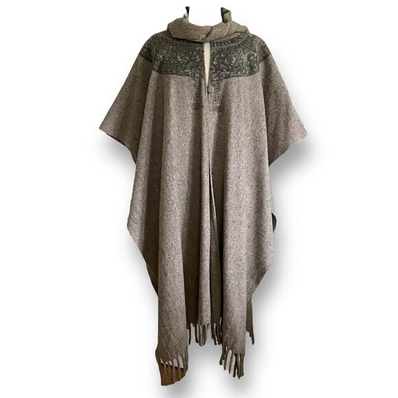 Vintage 1980s Womens Wool Blanket Cape O/S Aztec South American Art Print Boho - Picture 2 of 15
